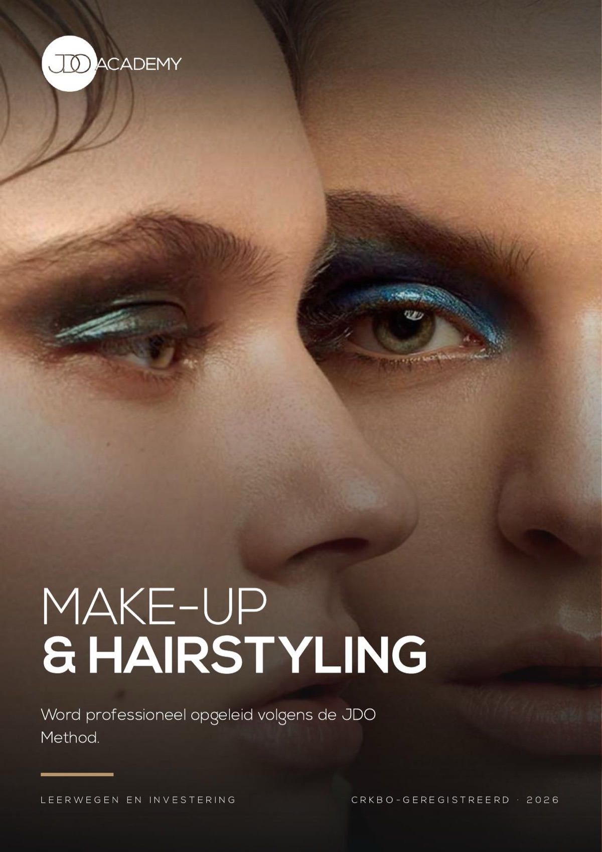 The cover of the JDO Academy brochure, an editorial close-up of two models with blue and green eye make-up