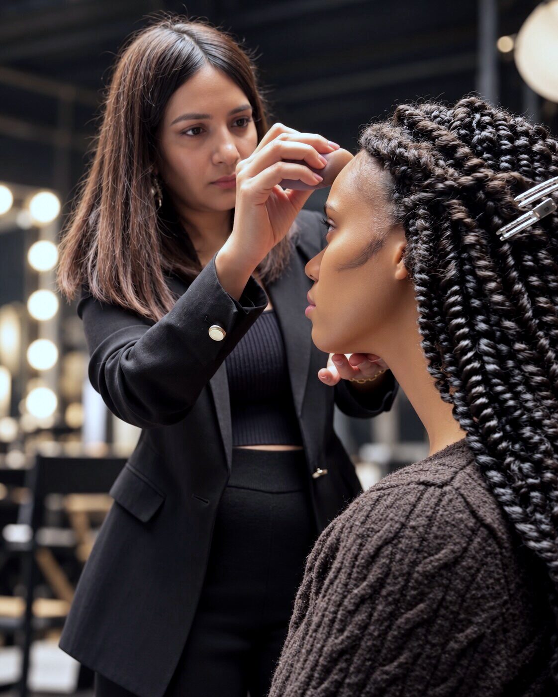 Make-up artist at work on a model in a professional studio