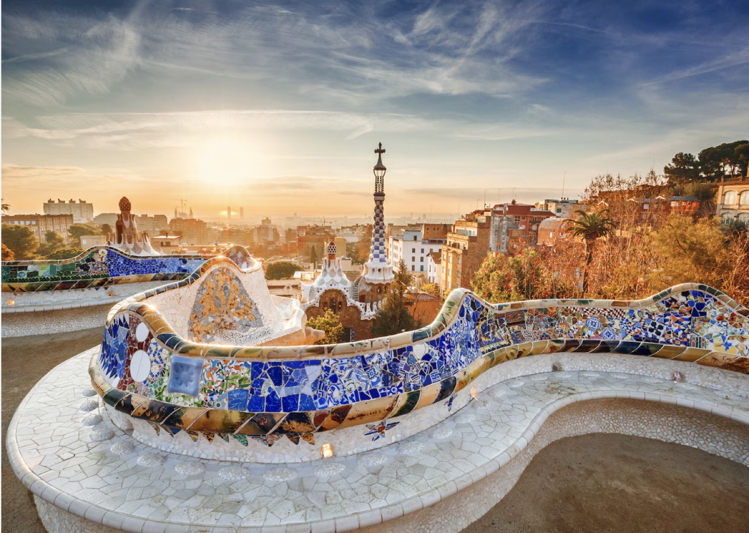 Park Güell in Barcelona, Spain, at golden hour