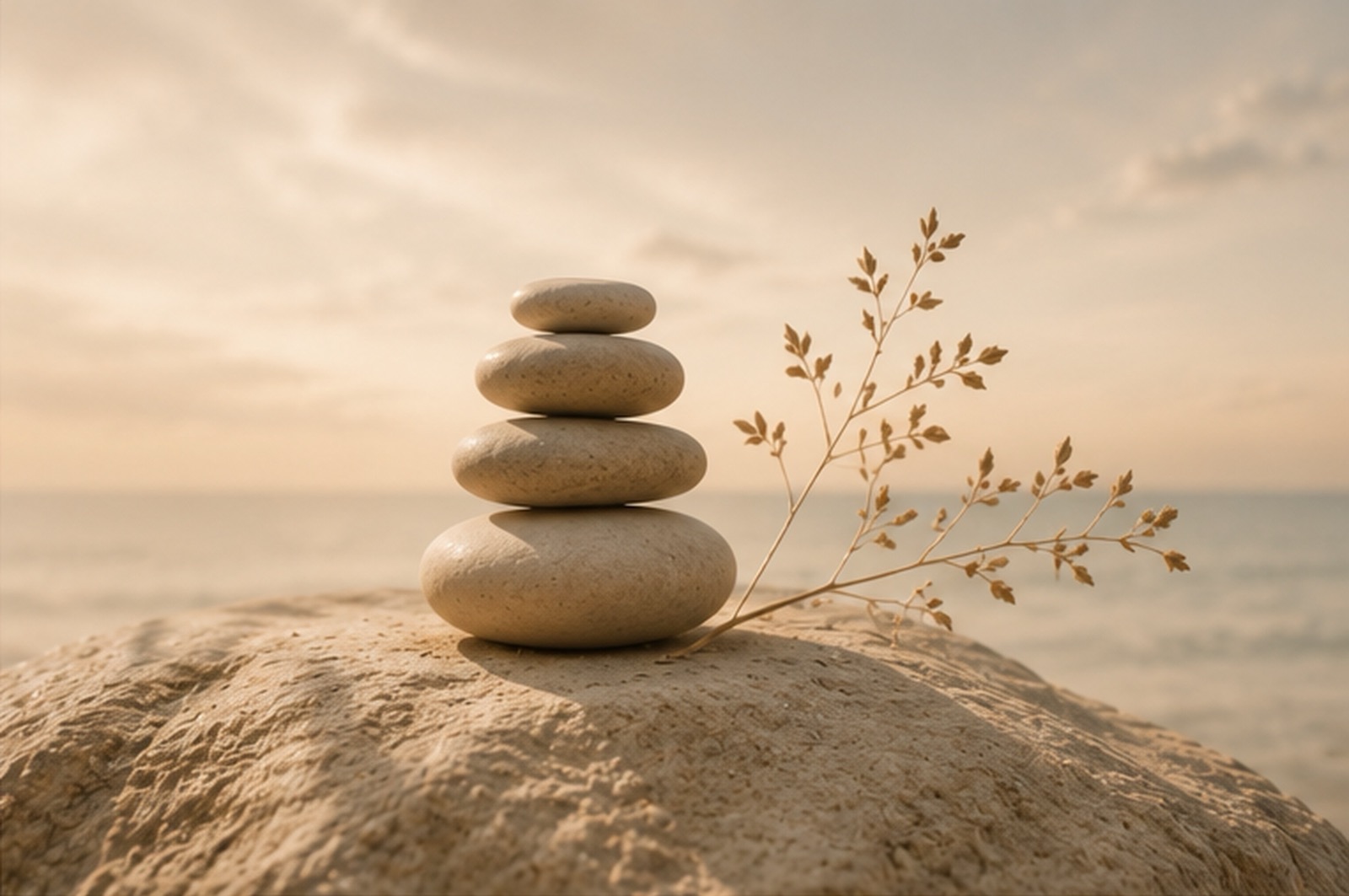 A calm, light nature image of stacked stones, a symbol of the room that creativity needs
